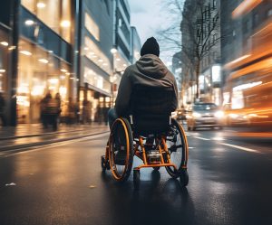 A person in a wheelchair crosses the street